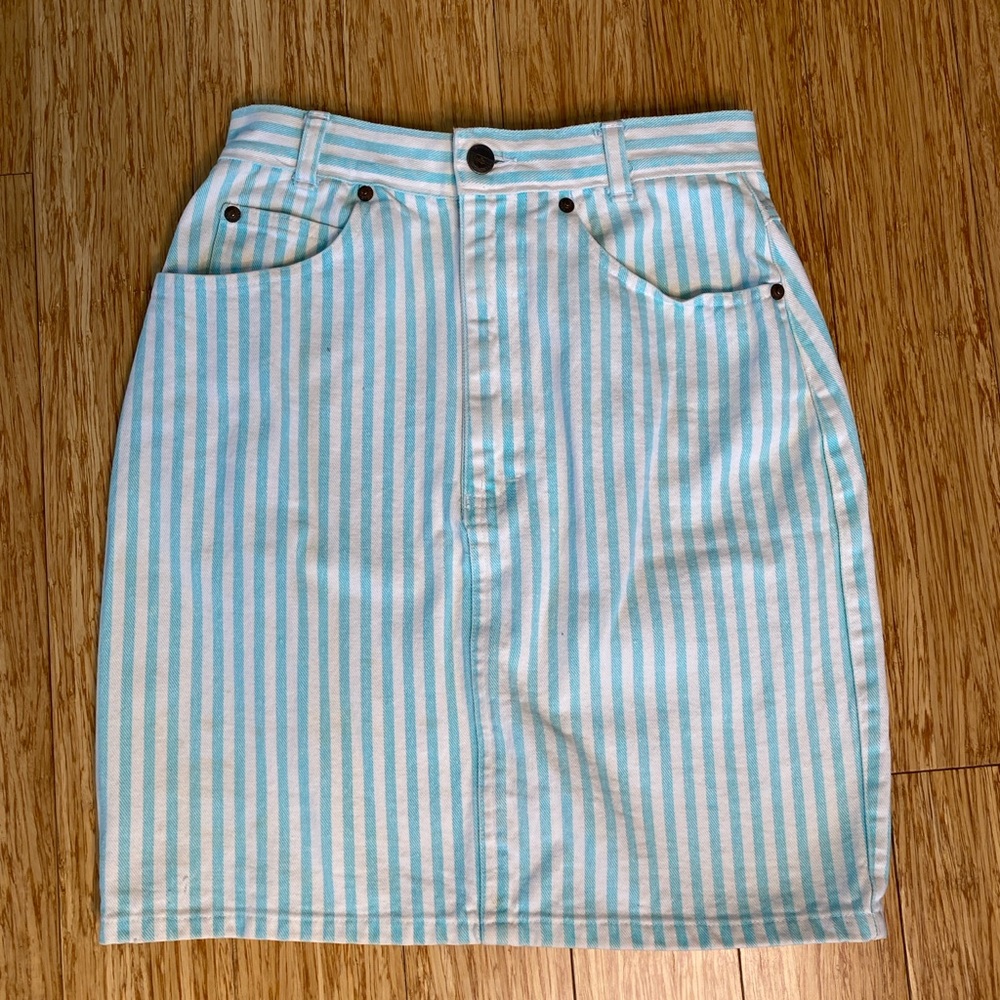 Blue and White Mini Denim Pencil Skirt